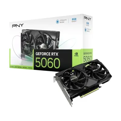 كرت شاشة PNY GeForce RTX 5060 بسعة 8GB GDDR7، مكسور السرعة، بتبريد ثنائي المراوح - أسود